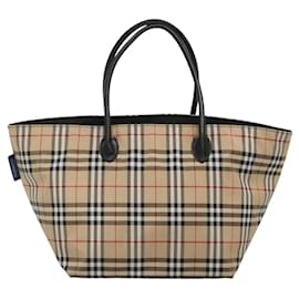 Autre Marque-Burberrys Nova Check Blue Label Tote Bag Nylon Beige Silver Auth kk487-Silvery,Beige