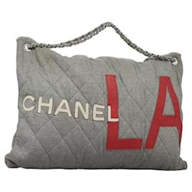 Chanel-CHANEL Matelasse Shoulder Bag Cotton Gray Silver CC Auth 120189-Brown,Silvery