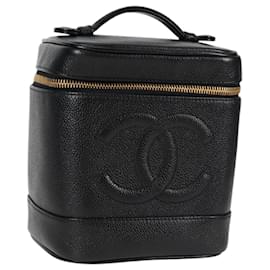Chanel-CHANEL COCO Mark Vanity Pouch Caviar Skin Black Gold CC Auth PP414M-Black,Golden