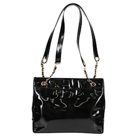 Chanel-CHANEL Matelasse Tote Bag Patent leather Black Gold CC Auth 120184-Black,Golden