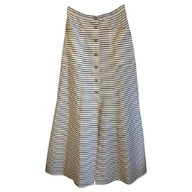 Chanel-CHANEL 22S RUNWAY STRIPE MAXI SKIRT CC BUTTONS FR 36-White,Grey,Navy blue
