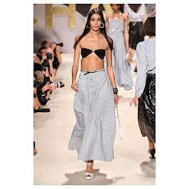 Chanel-CHANEL 22S RUNWAY STRIPE MAXI SKIRT CC BUTTONS FR 36-White,Grey,Navy blue