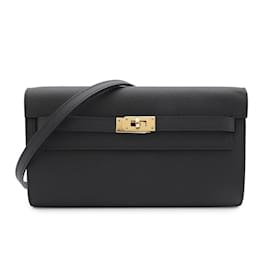 Hermès-Portefeuille Hermes Kelly Long à emporter en cuir Epsom noir-Noir