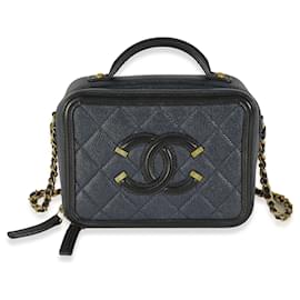 Chanel-Chanel Black Navy Quilted Caviar Small CC FIligree Vanity Case-Black,Blue