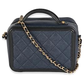 Chanel-Chanel Black Navy Quilted Caviar Small CC FIligree Vanity Case-Black,Blue