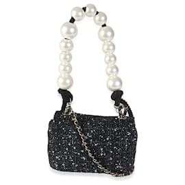 Chanel-Chanel Black Ecru Tweed Mini Pearl Handle Flap Bag-Black,Blue