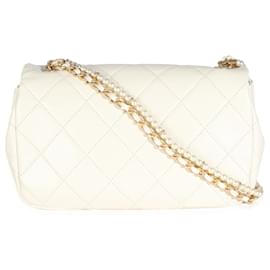 Chanel-Chanel White Shiny Quilted Lambskin Pearl Chain Mini Flap Bag-White