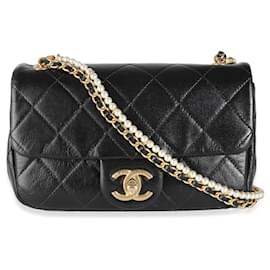 Chanel-Chanel Black Quilted Lambskin Pearl Chain Mini Flap Bag-Black