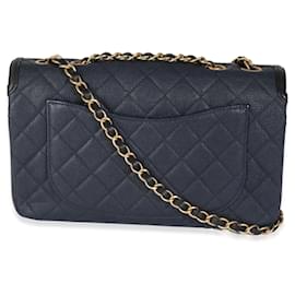 Chanel-Chanel Navy Black Quilted Caviar Medium CC Filigree Flap Handbag-Black,Blue