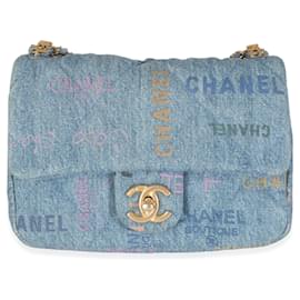 Chanel-Chanel Blue Quilted Denim Printed Small Mood Flap Bag-Blue