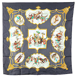 Hermès-Hermès Blue Les Chevaux des Moghols Silk Scarf-Blue,Navy blue