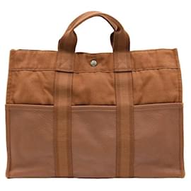 Hermès-Sac fourre-tout en toile et cuir Hermes marron-Marron