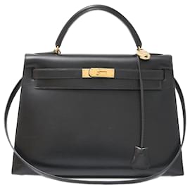 Hermès-Sac à main Hermes Kelly 32 Noir Quincaillerie Dorée-Noir
