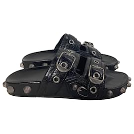 Balenciaga-Balenciaga Cagole Slides in Black Leather-Black