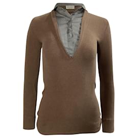 Brunello Cucinelli- Brunello Cucinelli V-Neck Layered Sweater in Brown Cotton-Brown,Red