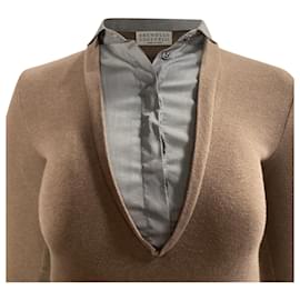 Brunello Cucinelli- Brunello Cucinelli V-Neck Layered Sweater in Brown Cotton-Brown,Red