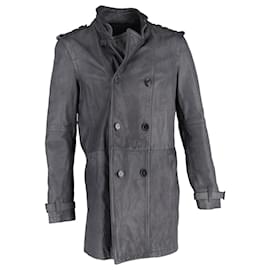 Neil Barrett-Neil Barrett Double Breasted Coat in Grey Leather-Grey