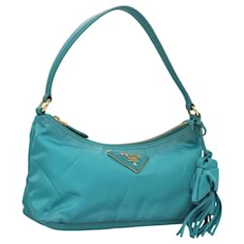 Prada-PRADA Accessory Pouch Nylon Turquoise Blue Gold Auth 119147-Golden,Turquoise