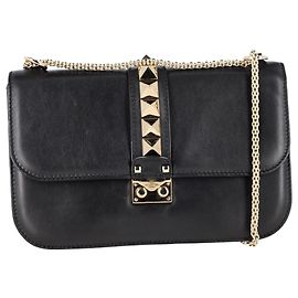 Valentino Garavani Valentino Medium Rockstud Glam Lock Shoulder Bag in Black Leather Black