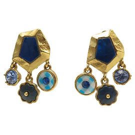 BRINCOS VINTAGE CHRISTIAN LACROIX HEXAGONAL COM PEDRAS E PENDENTES Dourado