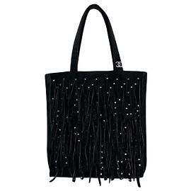 Mini sac en daim à franges Chanel avec des strass Noir