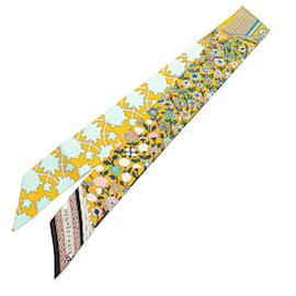Hermès-Hermès Yellow Tapis Persans Silk Twilly Scarf-Other,Yellow,Turquoise