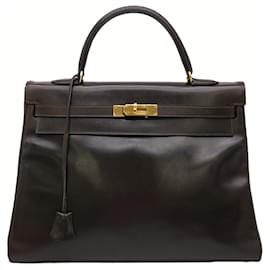 Hermès-Sac à main Hermes Kelly 35 en cuir marron foncé-Marron