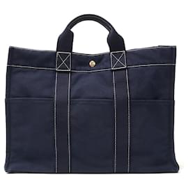 Hermès-Sac à main Deauville en toile et cuir Hermes-Bleu