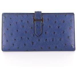 Hermès-Portefeuille Soufflé Bearn Autruche Hermes-Bleu