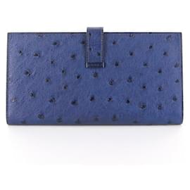 Hermès-Portefeuille Soufflé Bearn Autruche Hermes-Bleu