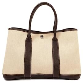 Hermès-Sac à main en toile et cuir Hermes Garden Party TPM-Marron,Beige