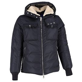 Giacca imbottita con cappuccio Moncler Darwin con rifinitura in shearling in nylon blu navy Blu Blu navy