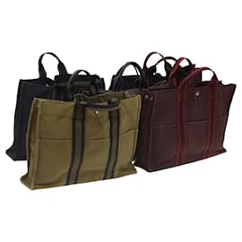 Hermès-HERMES Fourre Tout MM Sac à Main Toile 5Set Gris Rouge Kaki Auth ti3048-Marron,Rouge,Kaki