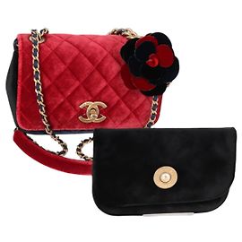 CHANEL Matelassé Camélia Bolsa de Ombro com Corrente Veludo Vermelho CC Auth KD378SM Vermelho Azul marinho