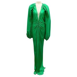 Robe maxi à dos ouvert en V profond avec manches ballon vert de Maison Rabih Kayrouz Vert
