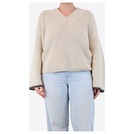 Brunello Cucinelli-Neutral ribbed v-neck jumper - size-Other