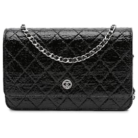 Chanel-Chanel Black CC Quilted Crinkled Patent Wallet On Chain-Black