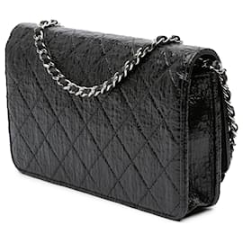 Chanel-Chanel Black CC Quilted Crinkled Patent Wallet On Chain-Black