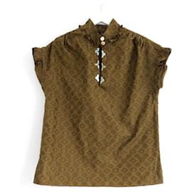 Louis Vuitton-Louis Vuitton Fall 2017 Khaki Monogram Frill Trim Blouse-Khaki