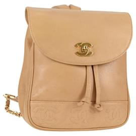 Chanel-CHANEL Backpack Caviar Skin Beige Gold CC Auth kk466A-Beige,Golden