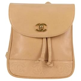 Chanel-CHANEL Backpack Caviar Skin Beige Gold CC Auth kk466A-Beige,Golden
