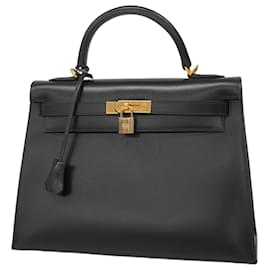 Hermès-Sac à main Hermes Kelly 32 en cuir de veau noir-Noir