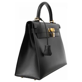 Hermès-Sac à main Hermes Kelly 32 en cuir de veau noir-Noir