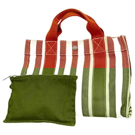 Hermès-Sac Tote Hermes Cannes PM en toile-Rouge,Beige