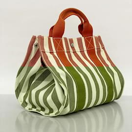 Hermès-Sac Tote Hermes Cannes PM en toile-Rouge,Beige