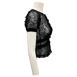 Louis Vuitton-Louis Vuitton Black Ruffled Short Sleeved Stretch Lace Top-Black