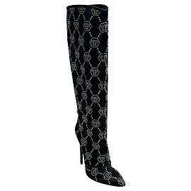 Philipp Plein Black Satin Strass Monogram Boots Black