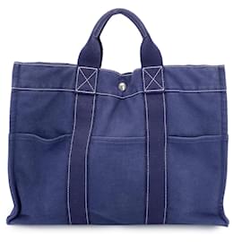 Hermès-Sac fourre-tout MM en toile de coton bleu vintage Hermes Paris-Bleu