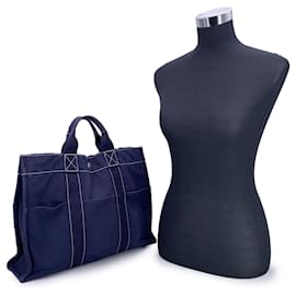 Hermès-Sac fourre-tout MM en toile de coton bleu vintage Hermes Paris-Bleu