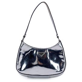 Prada Silver Tone Patent Leather Cleo Structured Shoulder Bag Silvery